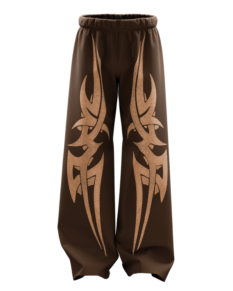 Brown Oversized Baggy Pants with Tribal Flame Print β Unisex Streetwear