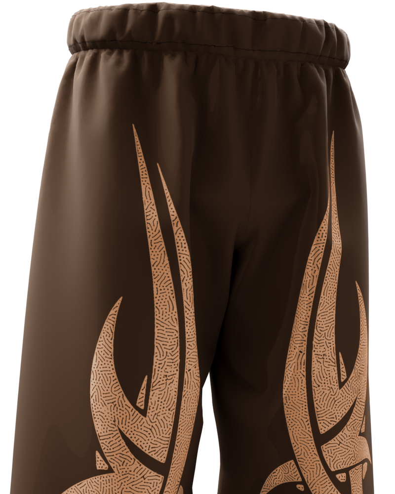 Brown Oversized Baggy Pants with Tribal Flame Print β Unisex Streetwear