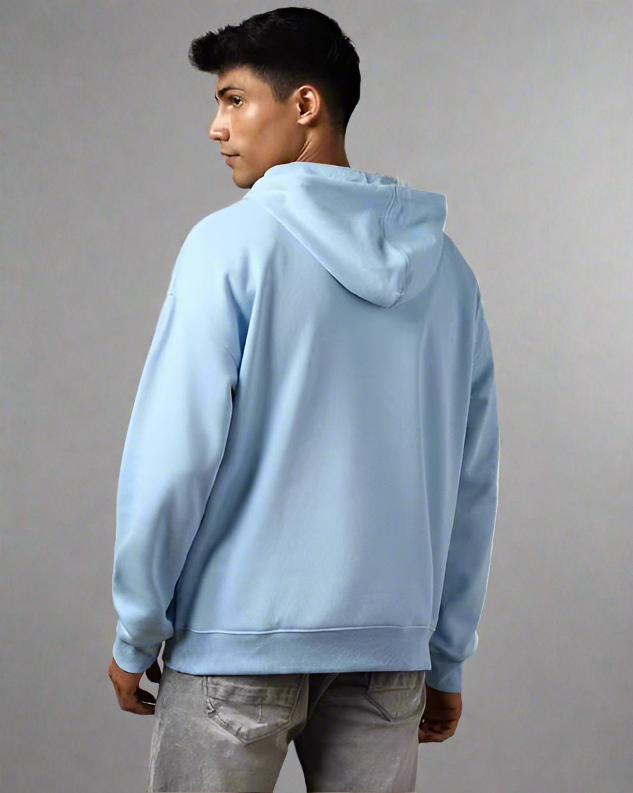 Sky Blue Adventure Printed Hoodie for Men | Oversized Fit