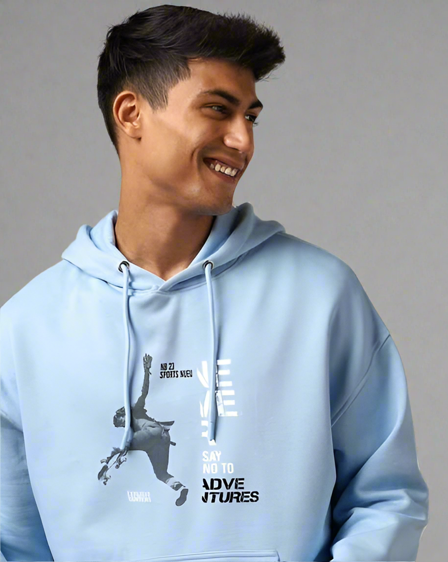 Sky Blue Adventure Printed Hoodie for Men | Oversized Fit