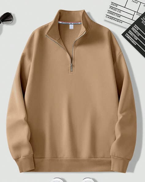 Men’s Beige Half Zipper Sweatshirt – Stylish Quarter Zip Pullover for Casual Wear