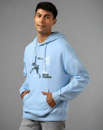 Sky Blue Adventure Printed Hoodie for Men | Oversized Fit
