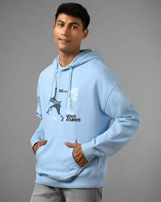 Sky Blue Adventure Printed Hoodie for Men | Oversized Fit