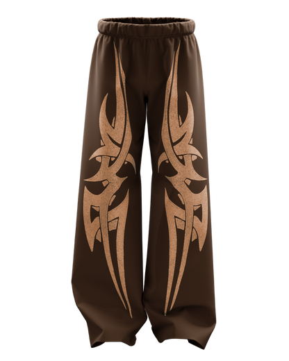 Brown Oversized Baggy Pants with Tribal Flame Print – Unisex Streetwear