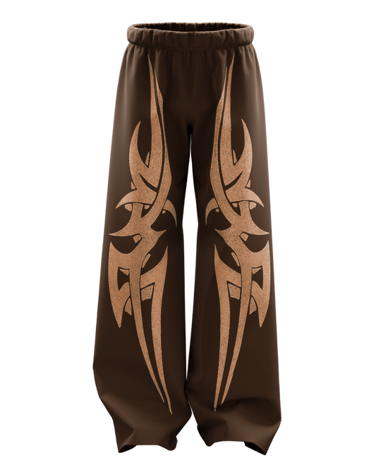 Brown Oversized Baggy Pants with Tribal Flame Print – Unisex Streetwear