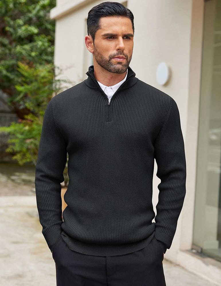 Classic Black Half-Zip Ribbed Sweater for Men | Winter Knit Pullover