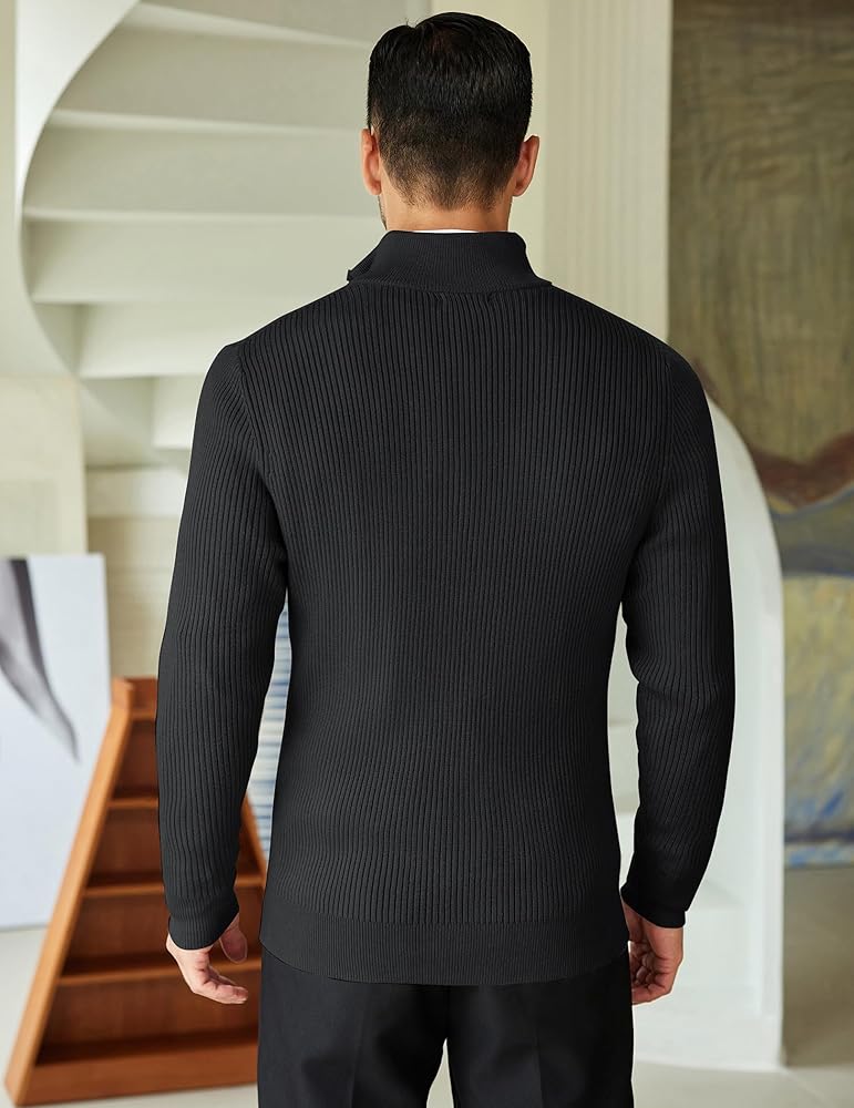 Classic Black Half-Zip Ribbed Sweater for Men | Winter Knit Pullover