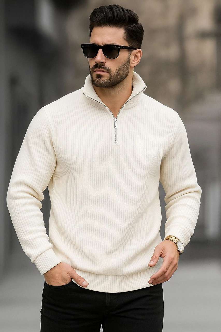 Men’s White Half-Zip Ribbed Sweater – Casual Winter Knit Pullover