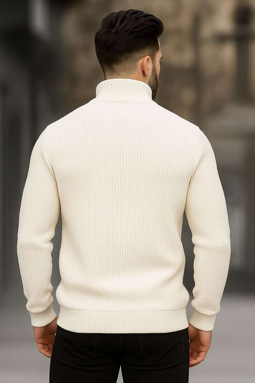 Men’s White Half-Zip Ribbed Sweater – Casual Winter Knit Pullover