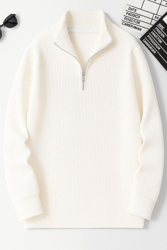 Men’s White Half-Zip Ribbed Sweater – Casual Winter Knit Pullover