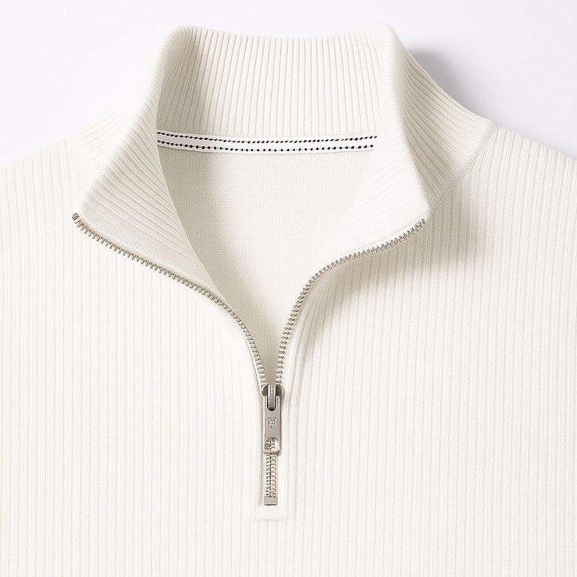 Men’s White Half-Zip Ribbed Sweater – Casual Winter Knit Pullover