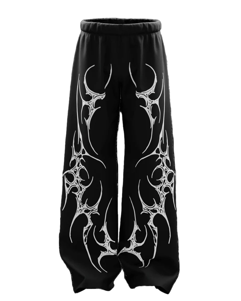 Tribal Flame Streetwear Trackpants – Black & White Oversized Fit