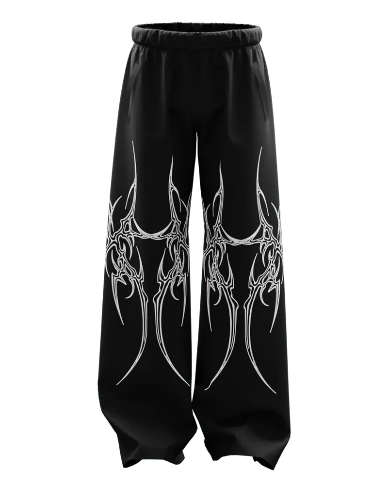 Black Tribal Graphic Wide-Leg Pants