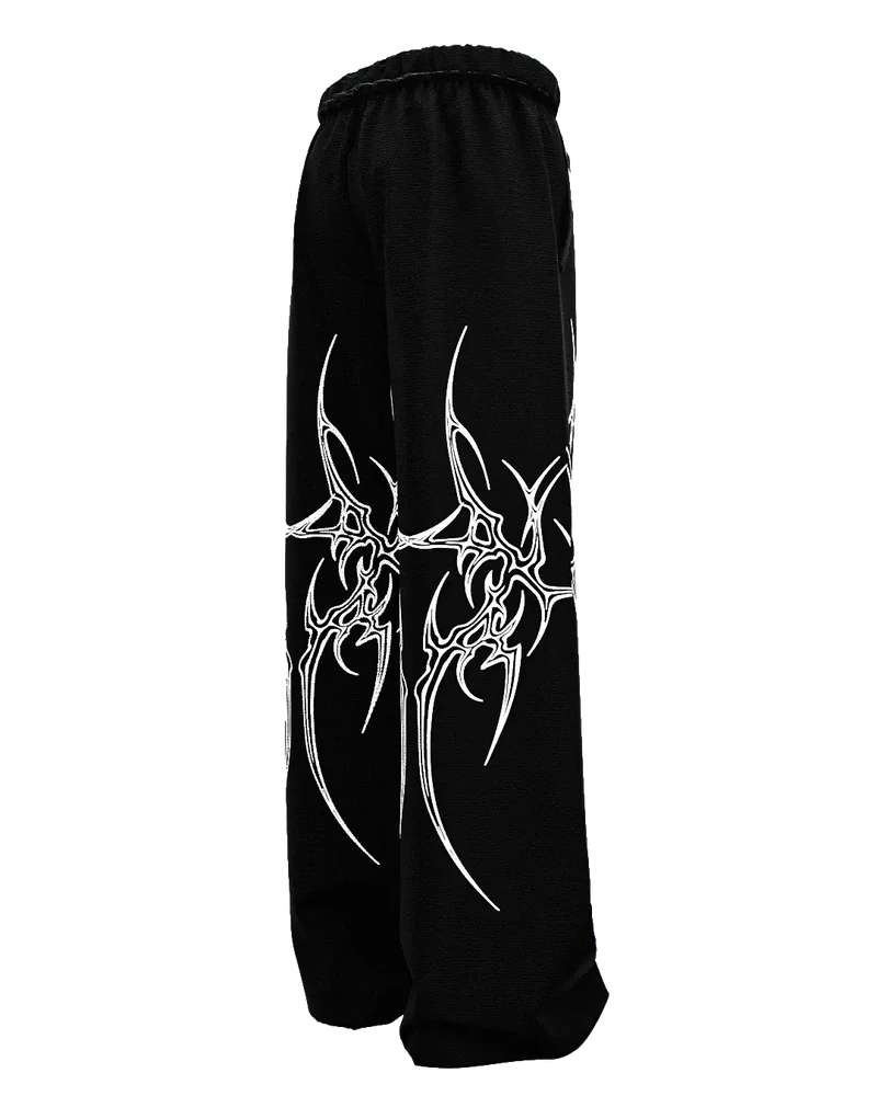 Black Tribal Graphic Wide-Leg Pants